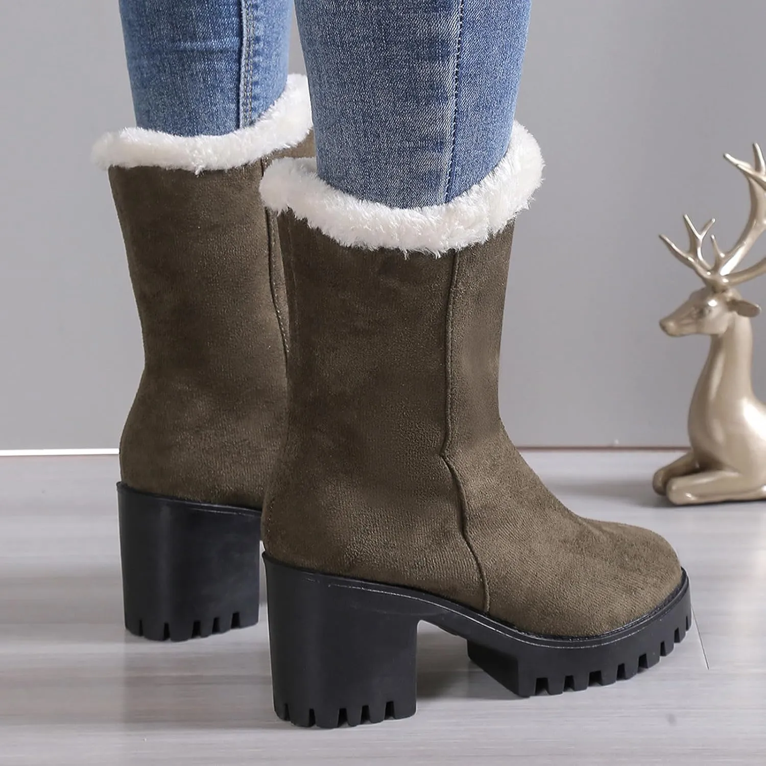 Snow Boots for Women Waterproof Block Heel Boots Warm Ladies Fashion Winter Plush Suede Thick High Heel Cotton Boots