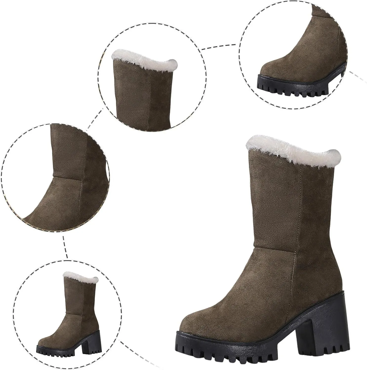 Snow Boots for Women Waterproof Block Heel Boots Warm Ladies Fashion Winter Plush Suede Thick High Heel Cotton Boots