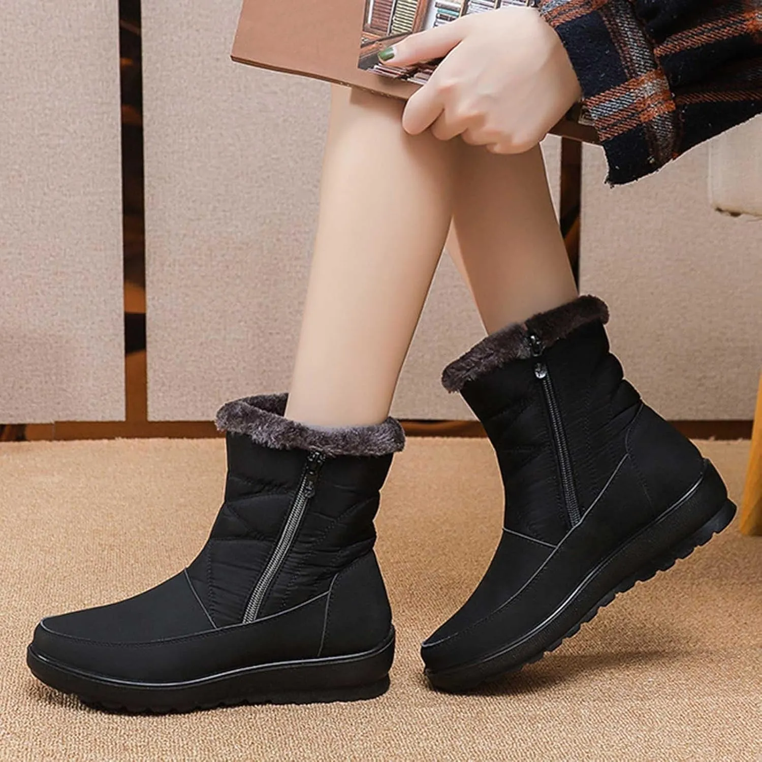 Snow Boots for Women Waterproof Hiking Boots Warm Ankle Shoes Cold Weather Furry Fluffy Short Snow Boot Womens Work Boots