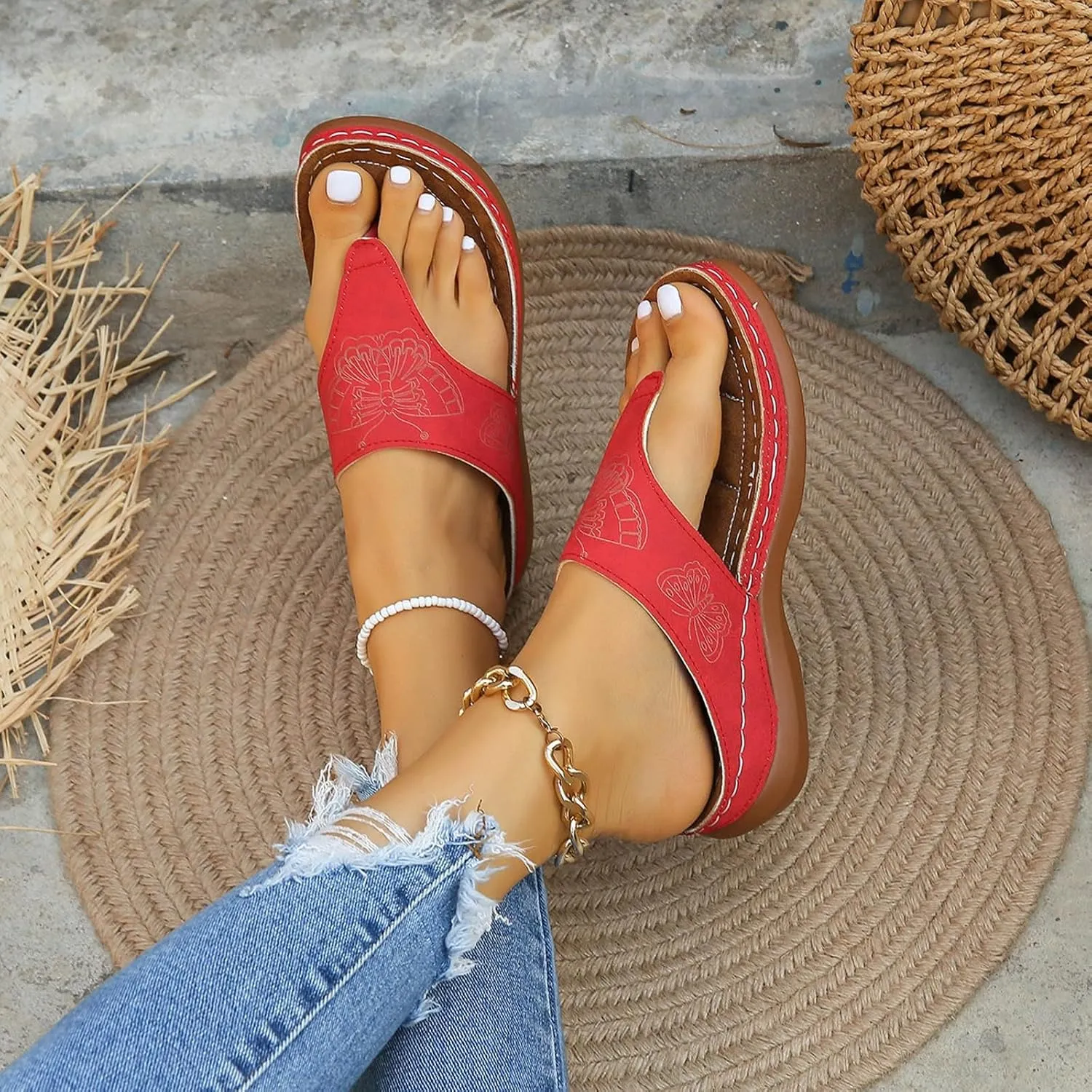 SuanlaTDS Women's Slide Sandals Wedge Flip Flops 2025 Comfortable Dressy Summer Orthopedic Arch Support Platform Slip On Walking Beach Shoes Thong Open Toe Low Heels Wedges Slide Sandal