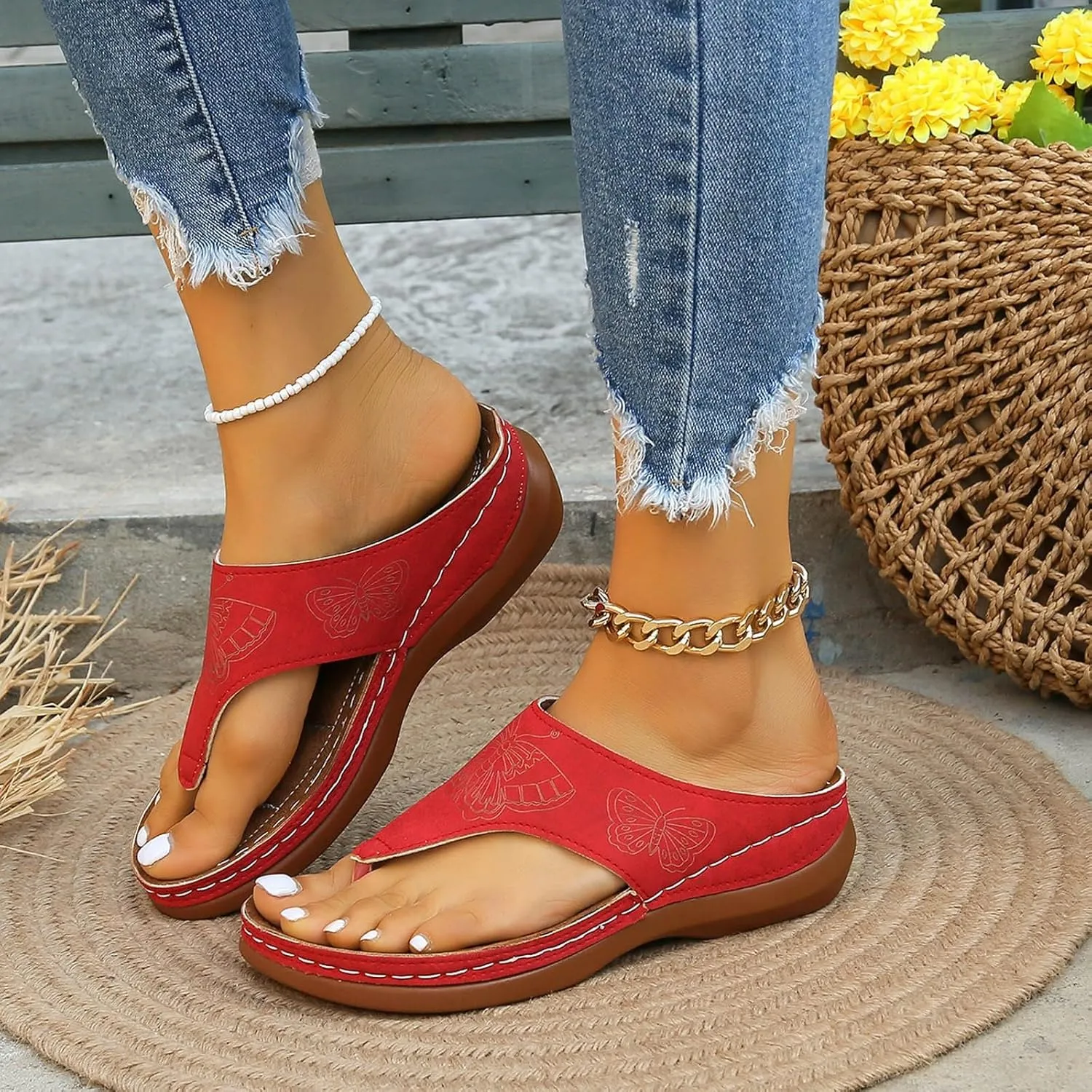 SuanlaTDS Women's Slide Sandals Wedge Flip Flops 2025 Comfortable Dressy Summer Orthopedic Arch Support Platform Slip On Walking Beach Shoes Thong Open Toe Low Heels Wedges Slide Sandal