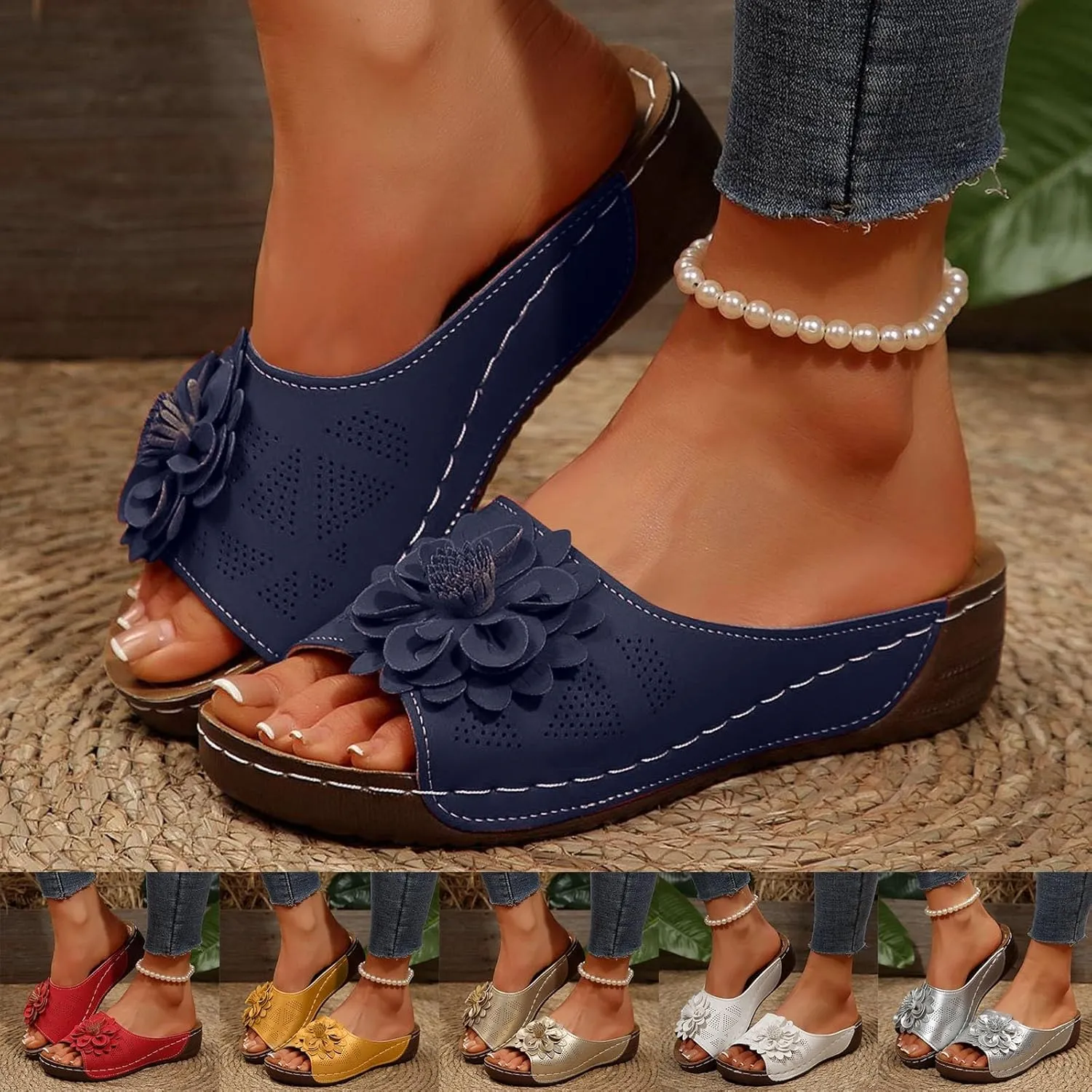 Summer Sandals for Women 2025 Orthopedic Sandal Chic Flowers Arch Support Fish Mouth Open Toe Leather Slippers Wedges Platform Slippers