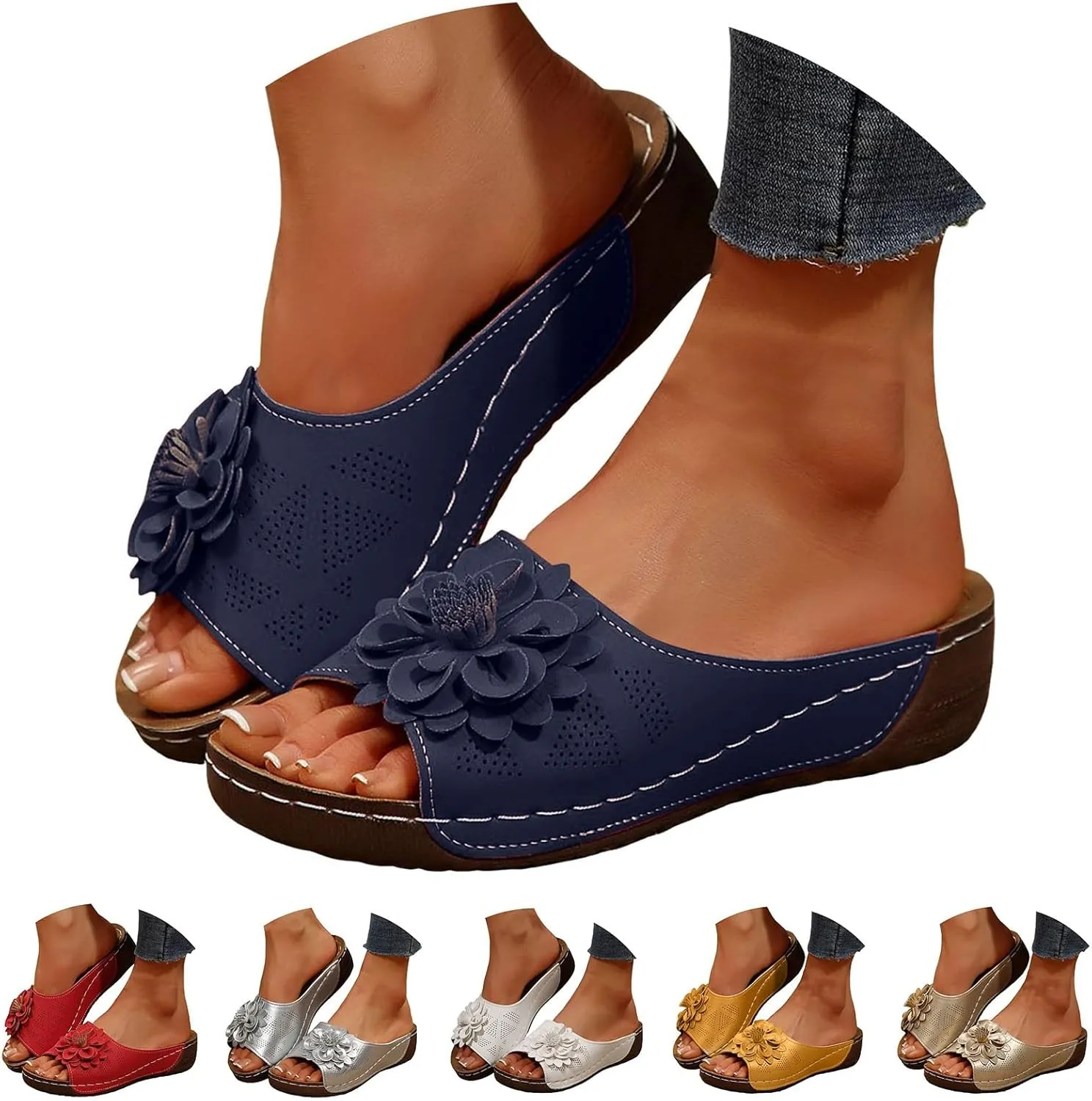 Summer Sandals for Women 2025 Orthopedic Sandal Chic Flowers Arch Support Fish Mouth Open Toe Leather Slippers Wedges Platform Slippers