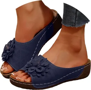 Summer Sandals for Women 2025 Orthopedic Sandal Chic Flowers Arch Support Fish Mouth Open Toe Leather Slippers Wedges Platform Slippers