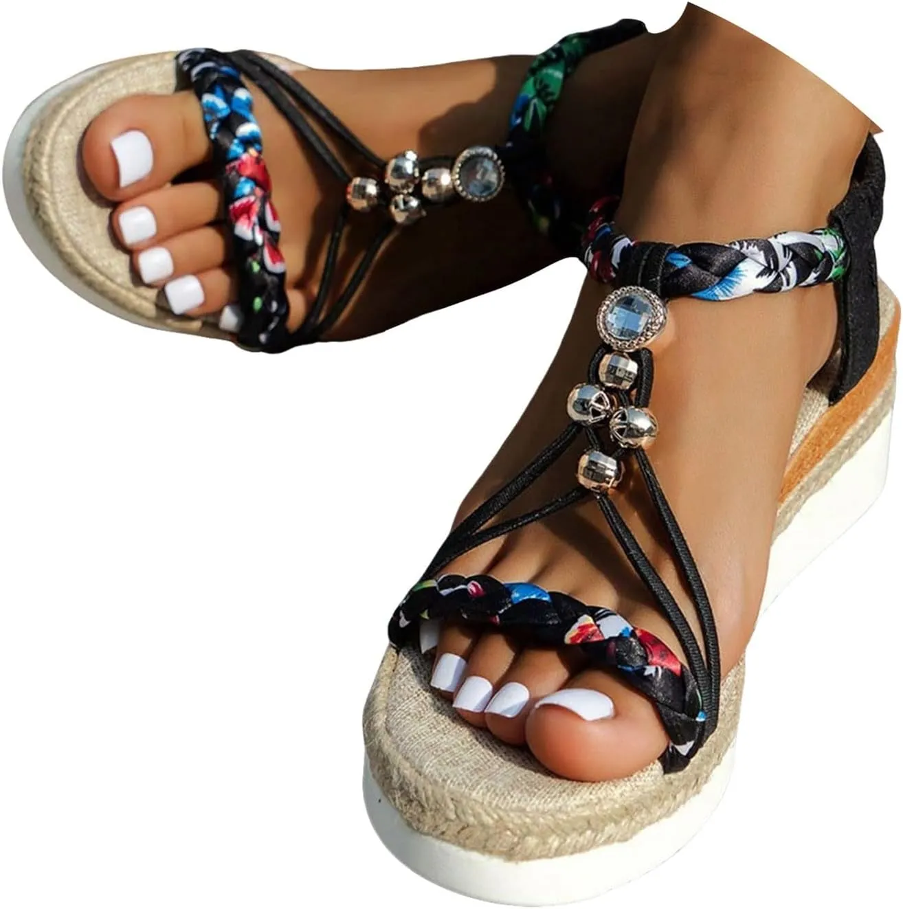 Summer Sandals for Women 2025 Orthopedic Wide Platform Wedge Sandal Strappy Arch Support Flat Bohemian Walking Open Toe Comfortable Slip-On Woven Beach Shoes