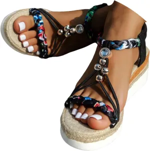 Summer Sandals for Women 2025 Orthopedic Wide Platform Wedge Sandal Strappy Arch Support Flat Bohemian Walking Open Toe Comfortable Slip-On Woven Beach Shoes
