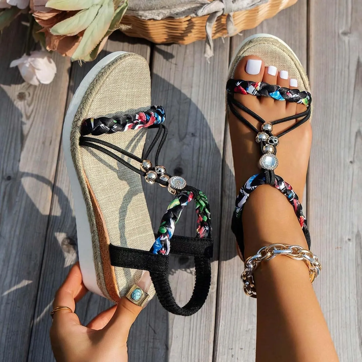 Summer Sandals for Women 2025 Orthopedic Wide Platform Wedge Sandal Strappy Arch Support Flat Bohemian Walking Open Toe Comfortable Slip-On Woven Beach Shoes