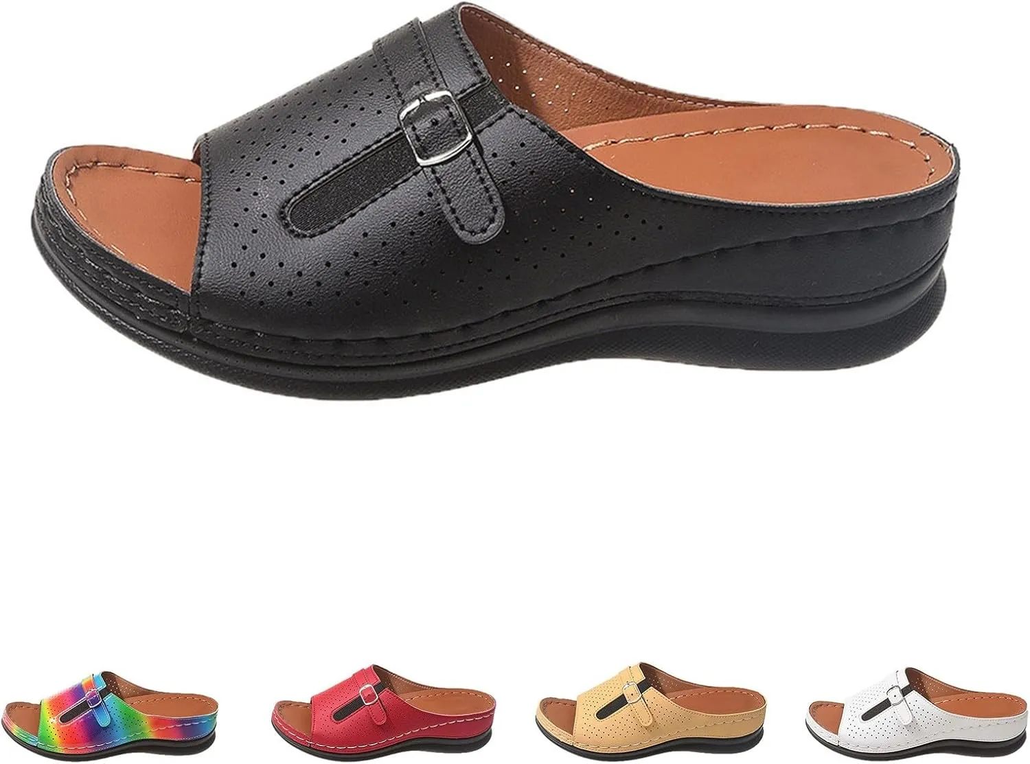 Summer Sandals for Women 2025 Platform Wedge Comfortable Arch Support Slides Open Toe Wide Width Orthotic Leather Sandals