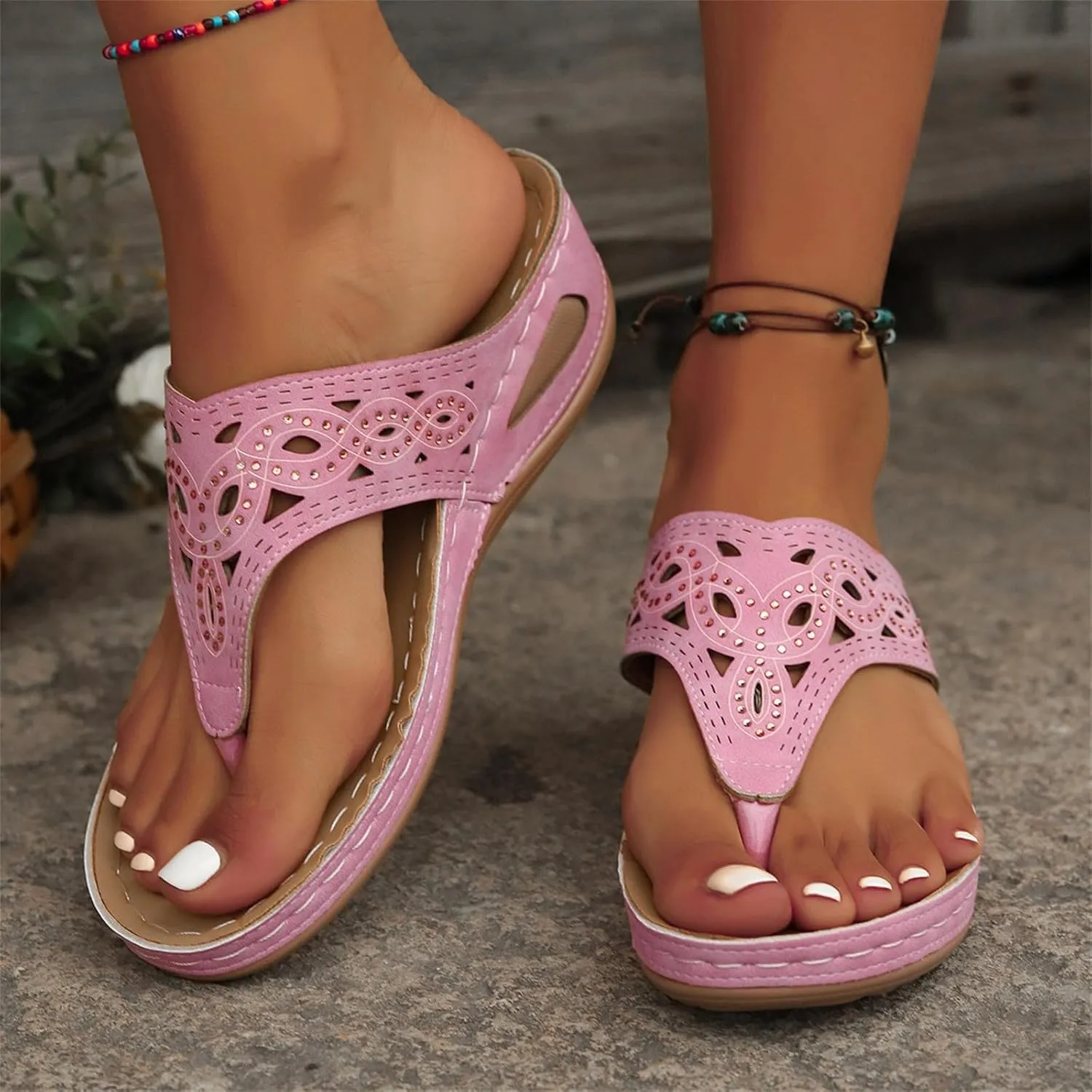 Summer Sandals for Women 2025 Trendy Dressy Bohemian Orthopedic Arch Support Sandals Beach Low Wedge Flip Flops