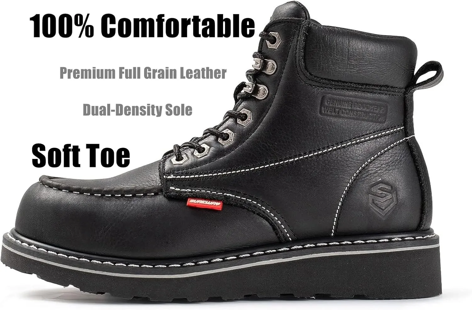 SUREWAY Mens Heavy Duty Soft/Composite/Steel Toe Work Boots for Men-Comfortable,GoodyearWelt,Full Grain Leather,6 in Wedge Moc Toe Construction Boots/Shoes