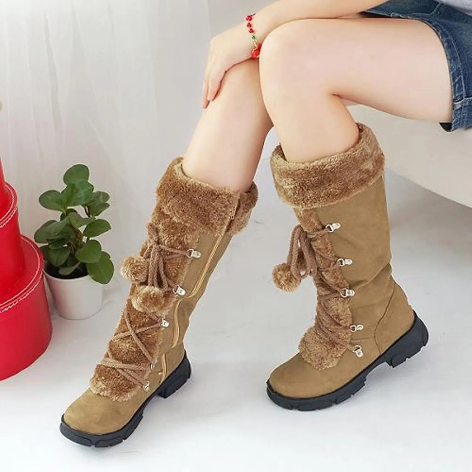 Teens Snow Boots Waterproof Insulated Fur Boots Waterproof Warm Boots Outdoor Furry Fluffy Short Snow Boot Work Boots for Men