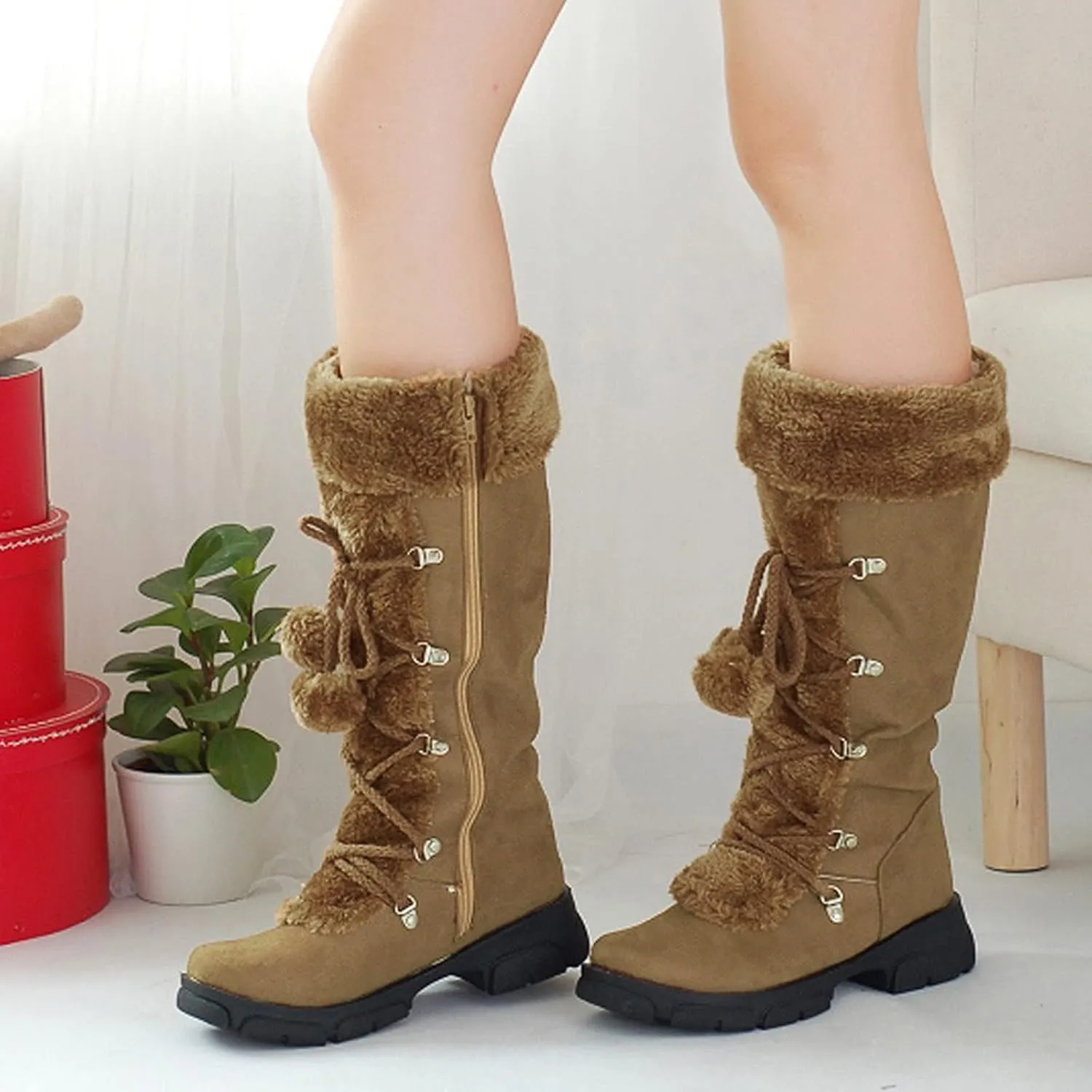 Teens Snow Boots Waterproof Insulated Fur Boots Waterproof Warm Boots Outdoor Furry Fluffy Short Snow Boot Work Boots for Men