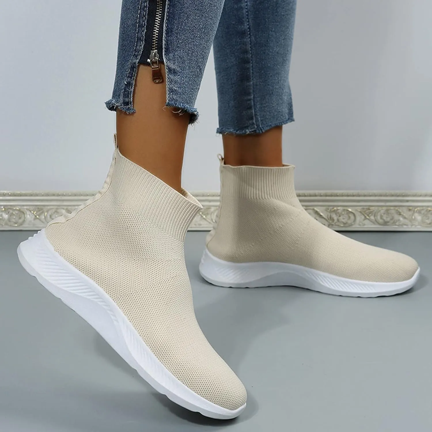 Walking Boots for Women Sock High Top Sneaker Boots Booties Wide Comfort Slip On Lightweight Sneakers Tennis Running Shoes