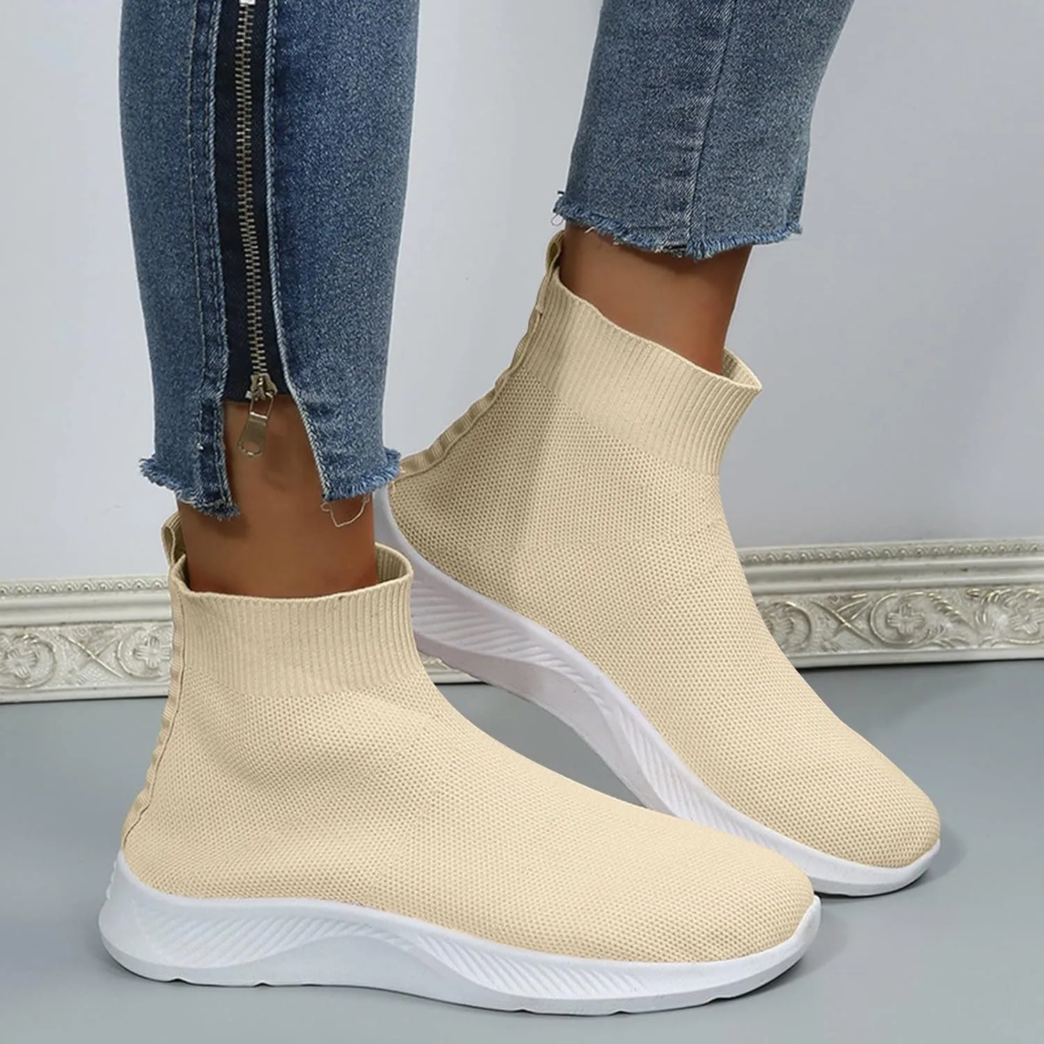 Walking Boots for Women Sock High Top Sneaker Boots Booties Wide Comfort Slip On Lightweight Sneakers Tennis Running Shoes