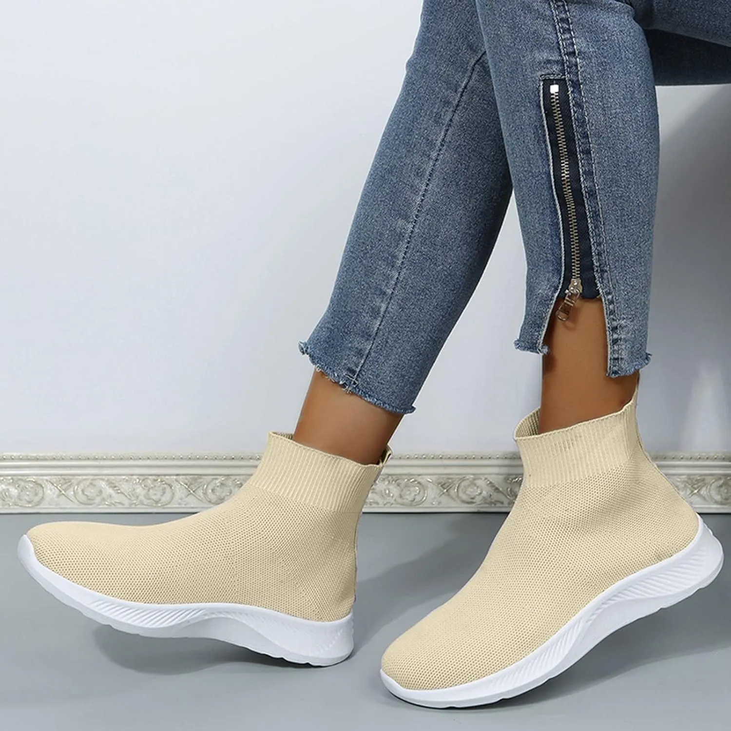 Walking Boots for Women Sock High Top Sneaker Boots Booties Wide Comfort Slip On Lightweight Sneakers Tennis Running Shoes