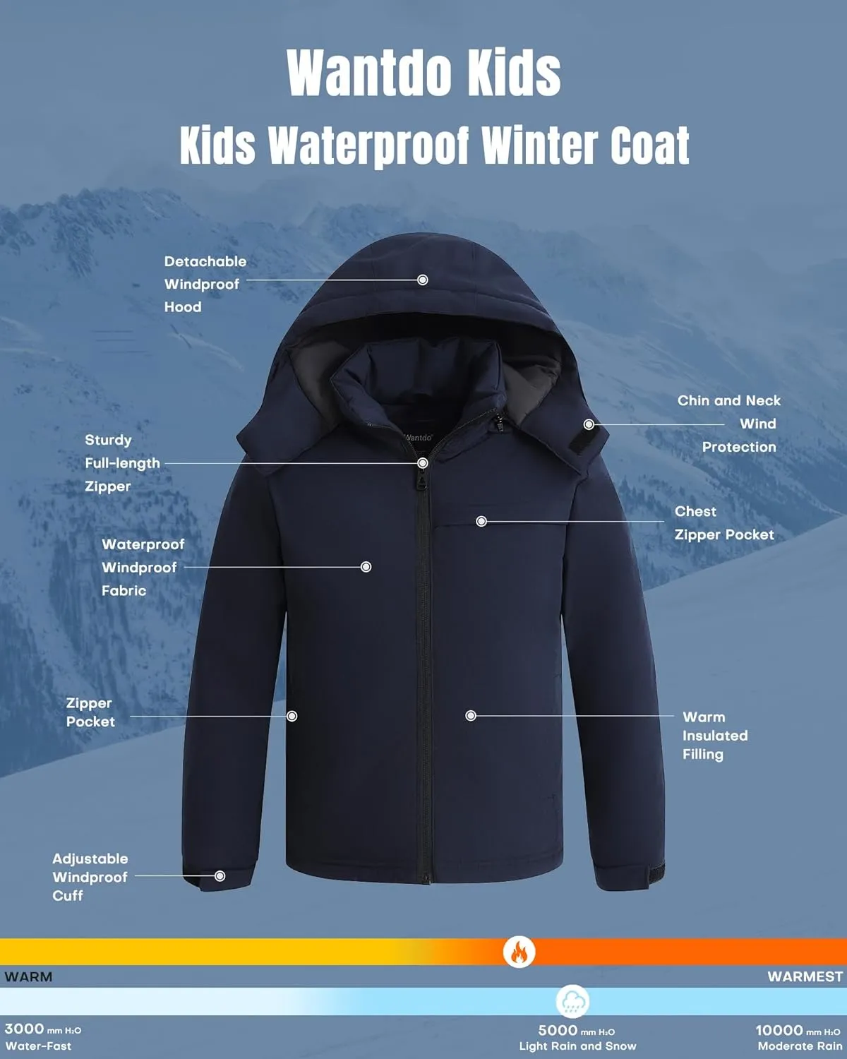 wantdo Boys Winter Coat Waterproof windbreaker Snow Ski Jacket Warm Thick Rain Jacket Kids Coats with Removable Hood