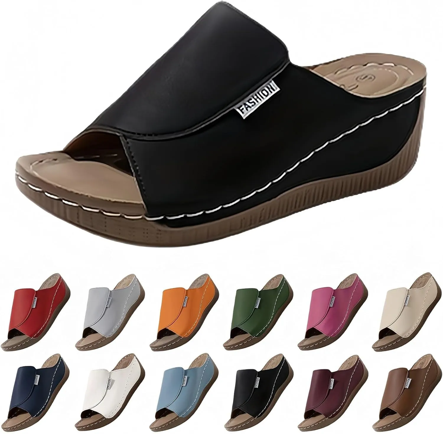 Wedge Sandals for Women Arch Support Slides Orthopedic Leather Platform Shoes Slip on Walking Casual Comfortable Slippers