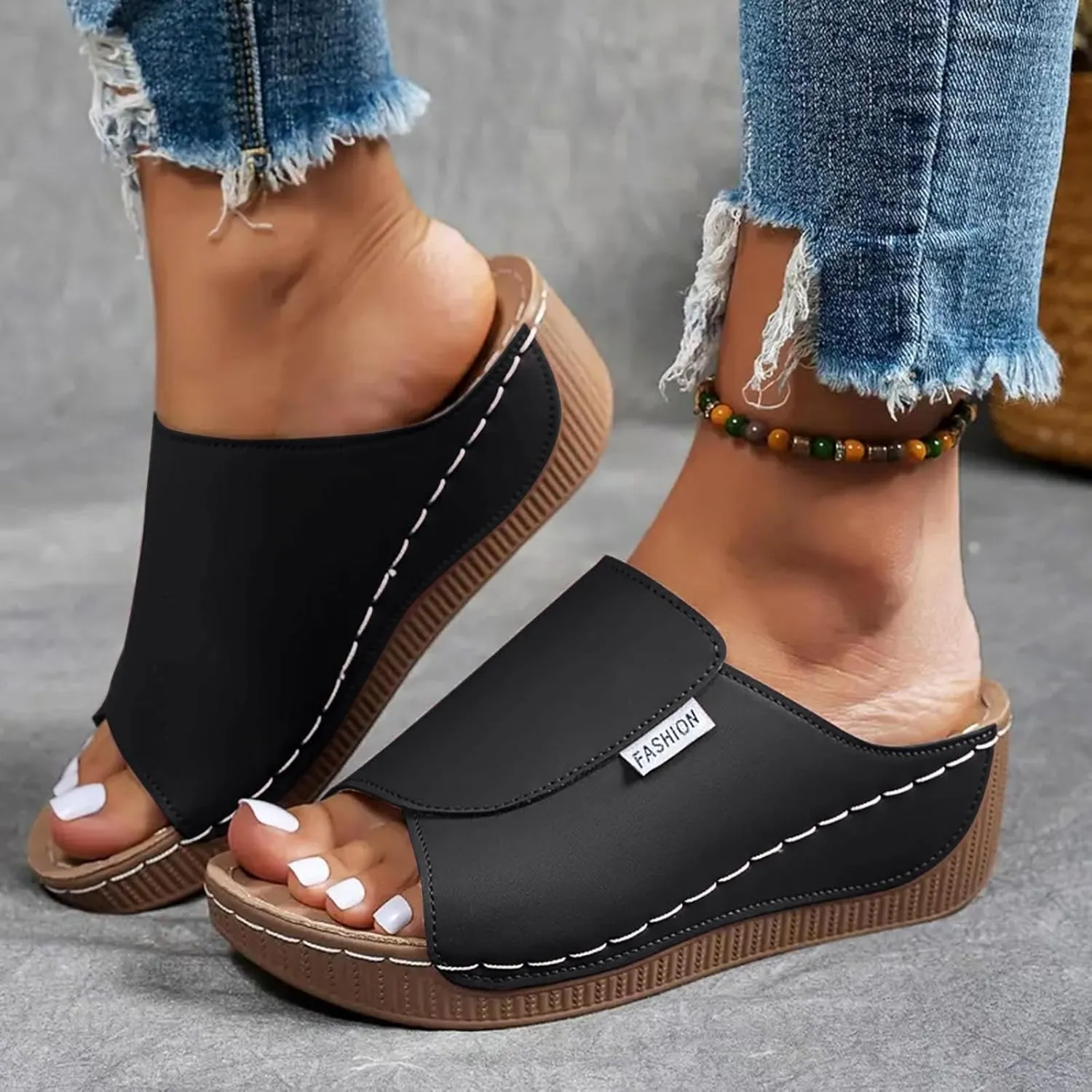 Wedge Sandals for Women Arch Support Slides Orthopedic Leather Platform Shoes Slip on Walking Casual Comfortable Slippers