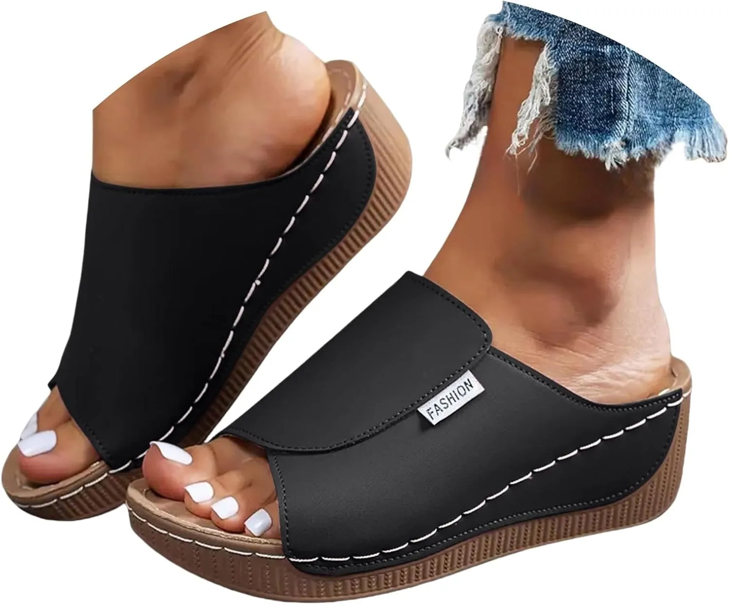 Wedge Sandals for Women Arch Support Slides Orthopedic Leather Platform Shoes Slip on Walking Casual Comfortable Slippers