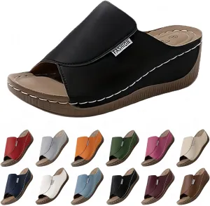 Wedge Sandals for Women Arch Support Slides Orthopedic Leather Platform Shoes Slip on Walking Casual Comfortable Slippers