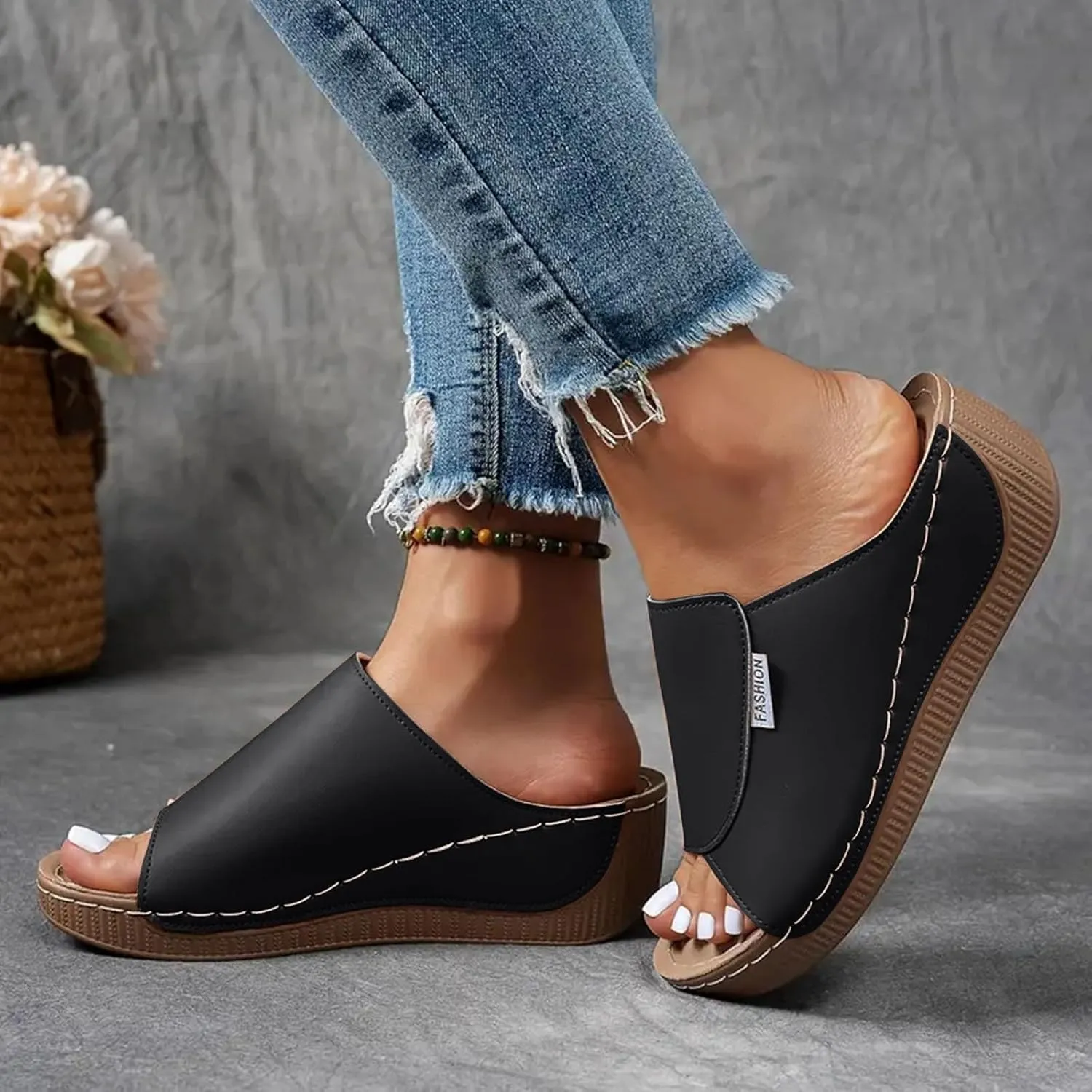 Wedge Sandals for Women Arch Support Slides Orthopedic Leather Platform Shoes Slip on Walking Casual Comfortable Slippers