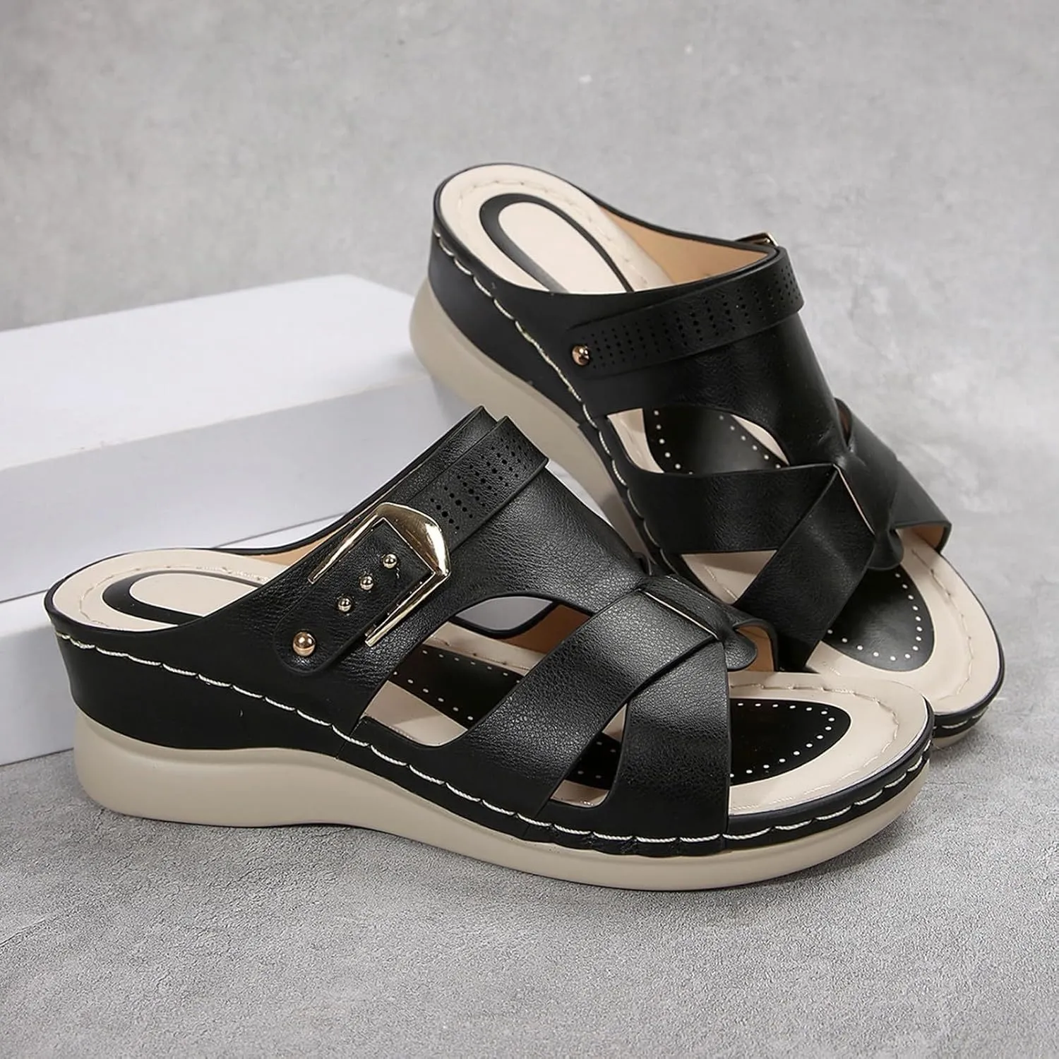 Wedge Sandals for Women Dressy Low Heel Slip On Sandals with Arch Support Summer Casual Comfortable Walking Platform Slide Shoes