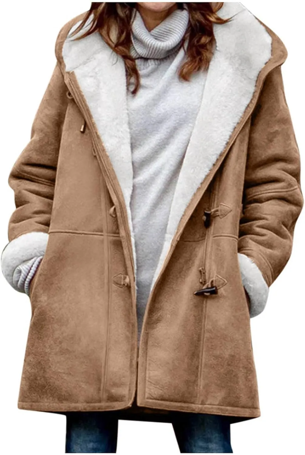 Winter Jackets for Women Sherpa Lined Suede Coat Thick Hooded Jacket Plus Size Parka Coat Warm Outerwear with Pockets