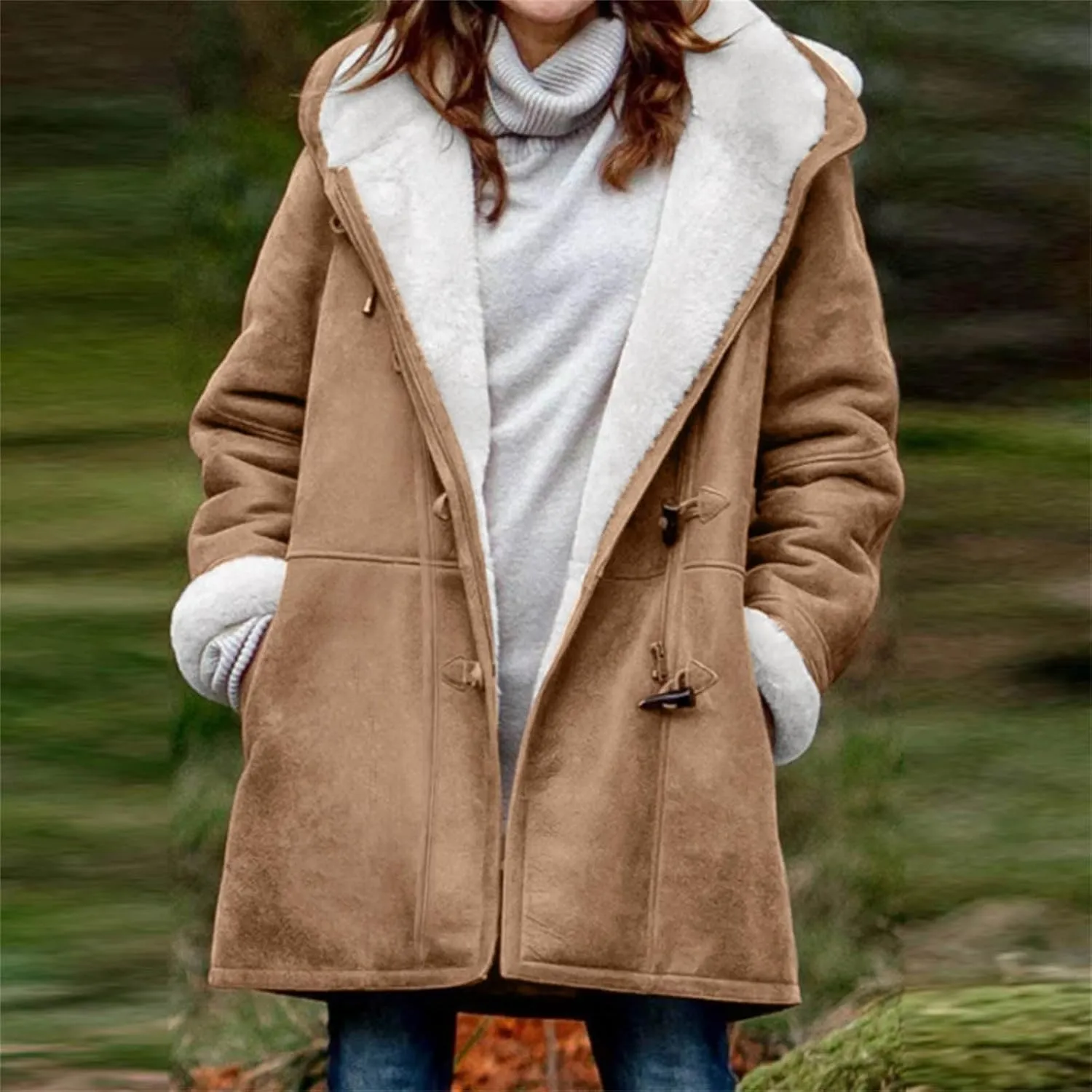 Winter Jackets for Women Sherpa Lined Suede Coat Thick Hooded Jacket Plus Size Parka Coat Warm Outerwear with Pockets