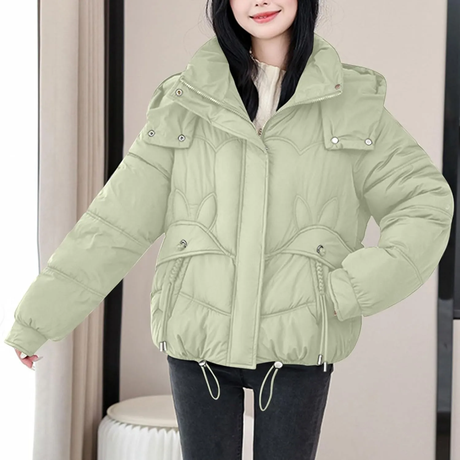 Winter Puffer Coats for Women Hooded Zip up Long Sleeve Drawstring down Jackets Casual Fashion Cute Warm Padded Coats
