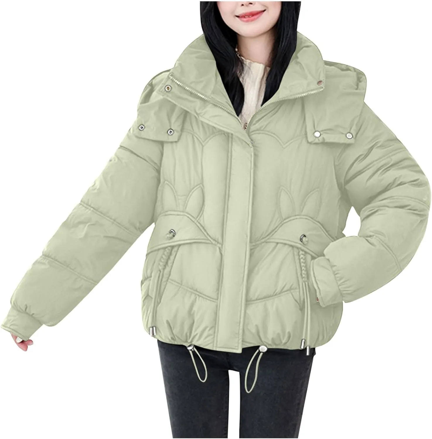 Winter Puffer Coats for Women Hooded Zip up Long Sleeve Drawstring down Jackets Casual Fashion Cute Warm Padded Coats