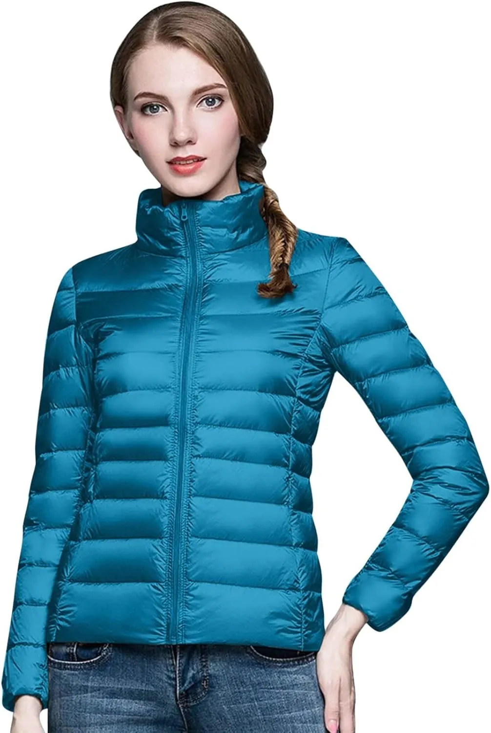 Winter Warm Lightweight Puffer Jackets for Womens Zipper Long Sleeve Casual Down Coats Insulated Slim Hoodless Outwear