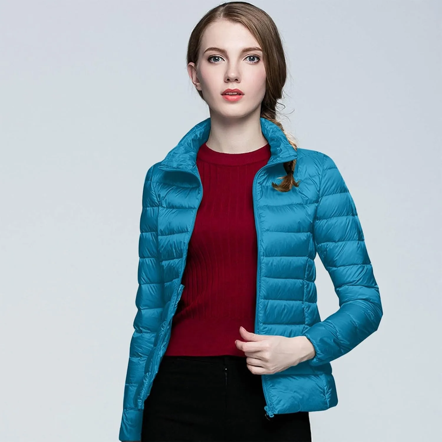 Winter Warm Lightweight Puffer Jackets for Womens Zipper Long Sleeve Casual Down Coats Insulated Slim Hoodless Outwear