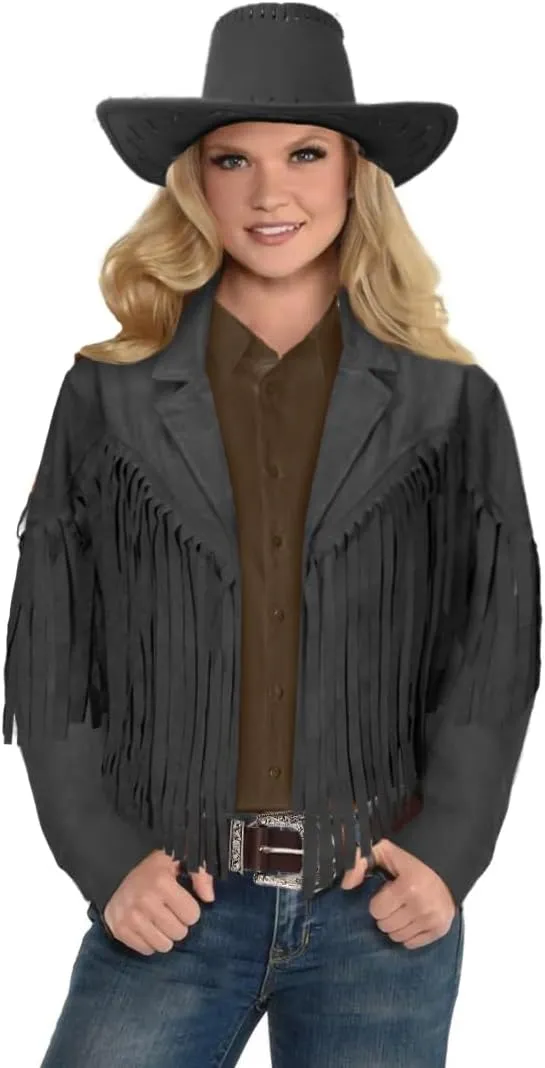 Women Cowgirl Costume Suede Fringe Jacket Hat Belt Set for Western Cowgirl Cowboy Halloween Cosplay