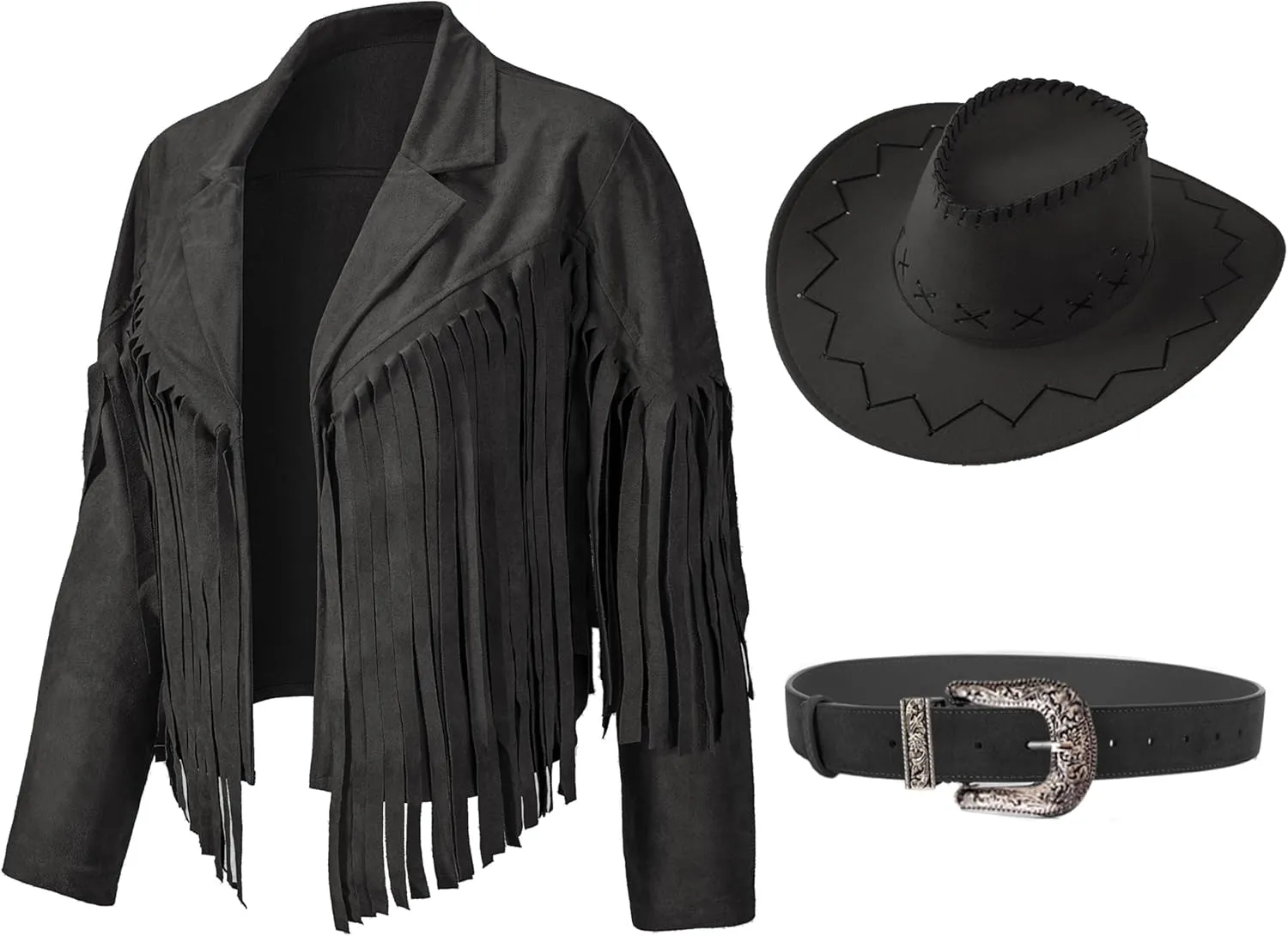 Women Cowgirl Costume Suede Fringe Jacket Hat Belt Set for Western Cowgirl Cowboy Halloween Cosplay