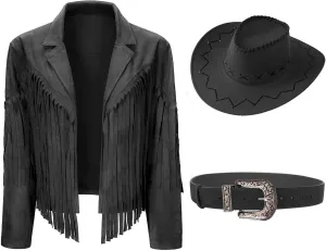 Women Cowgirl Costume Suede Fringe Jacket Hat Belt Set for Western Cowgirl Cowboy Halloween Cosplay