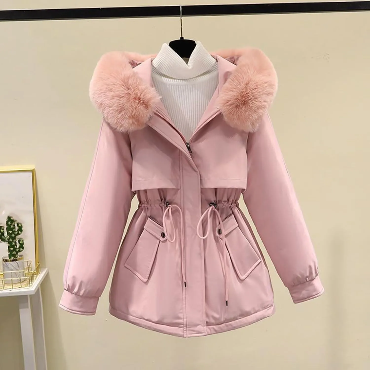 Womens 2024 Winter Thicken Solid Long Coat Jackets Hooded Zipper Pockets Outwear Long Sleeve Casual Warm Slim Overcoat