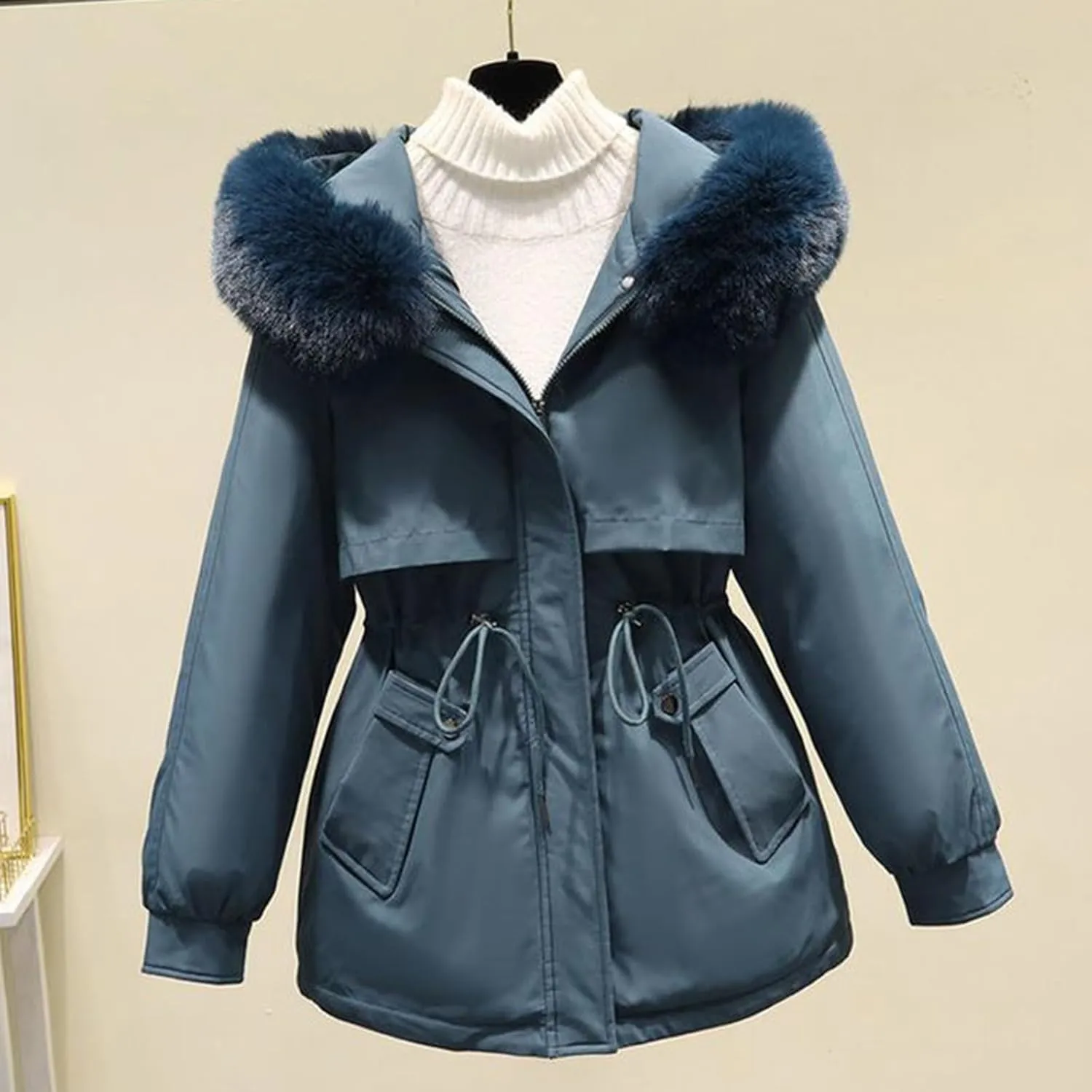Womens 2024 Winter Thicken Solid Long Coat Jackets Hooded Zipper Pockets Outwear Long Sleeve Casual Warm Slim Overcoat