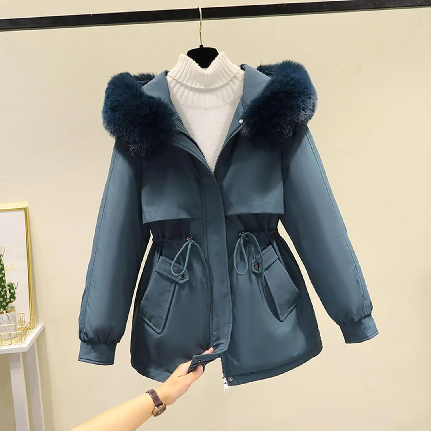 Womens 2024 Winter Thicken Solid Long Coat Jackets Hooded Zipper Pockets Outwear Long Sleeve Casual Warm Slim Overcoat