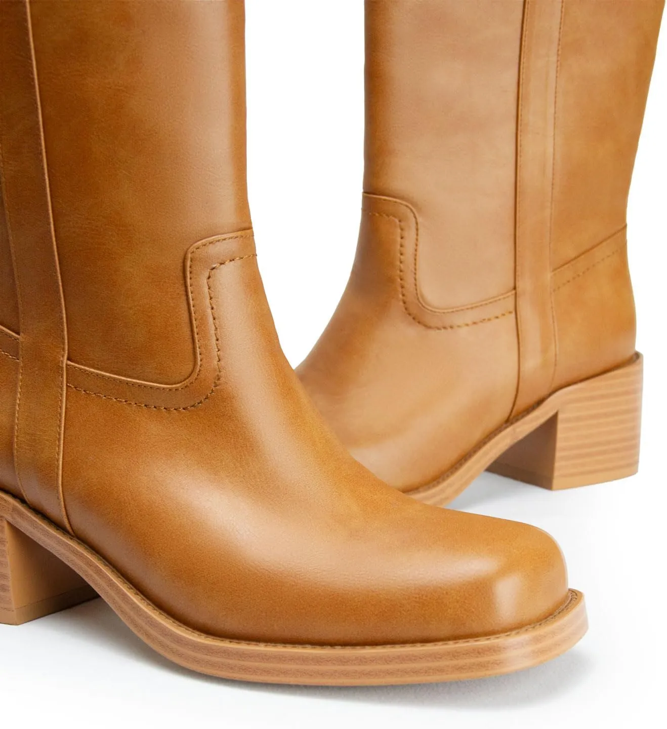 Women's Banana Knee High Boots Square Toe Chunky Block Heel Comfortable Low Heel Pull on Wide Calf Riding Long Boots for Women