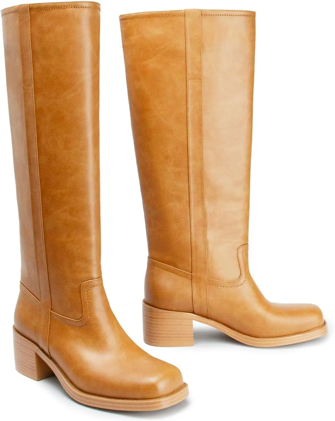 Women's Banana Knee High Boots Square Toe Chunky Block Heel Comfortable Low Heel Pull on Wide Calf Riding Long Boots for Women