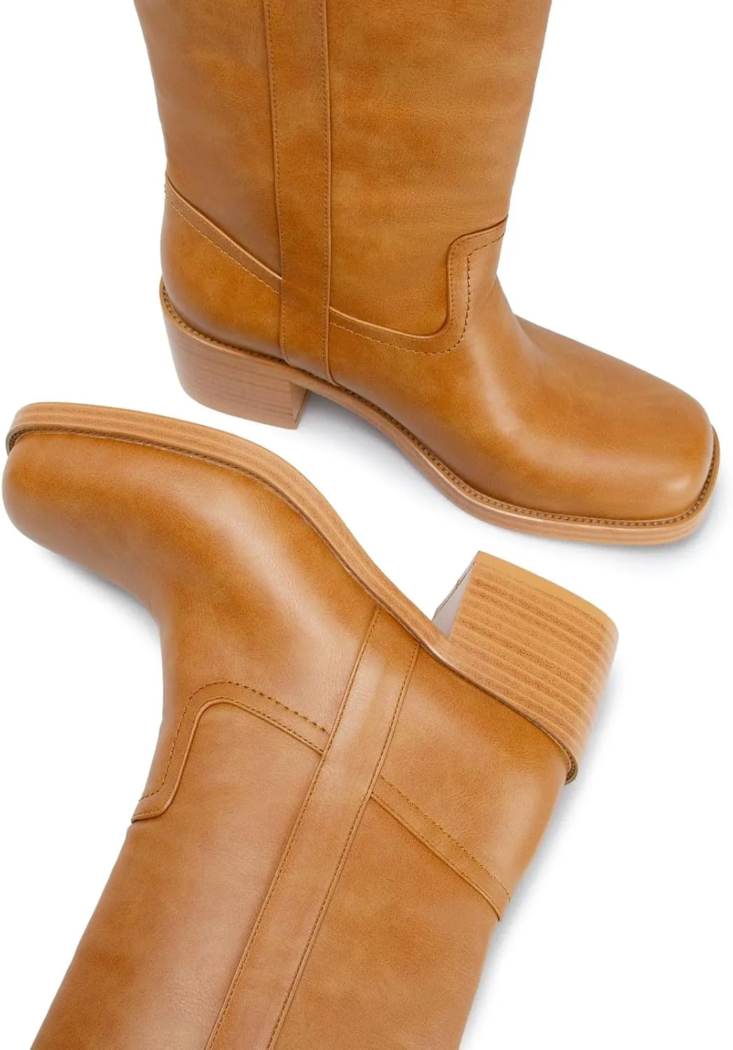 Women's Banana Knee High Boots Square Toe Chunky Block Heel Comfortable Low Heel Pull on Wide Calf Riding Long Boots for Women