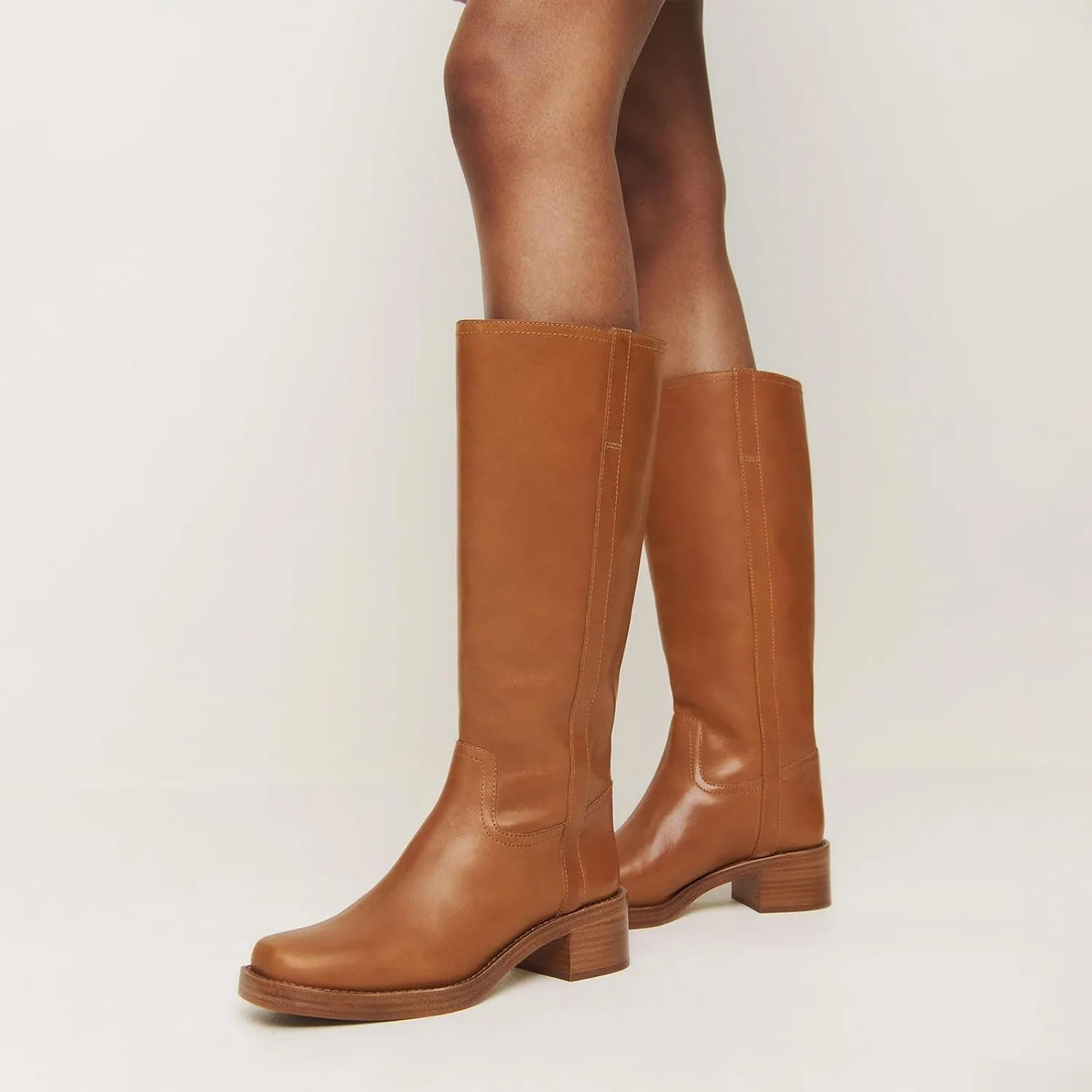Women's Banana Knee High Boots Square Toe Chunky Block Heel Comfortable Low Heel Pull on Wide Calf Riding Long Boots for Women