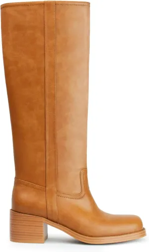Women's Banana Knee High Boots Square Toe Chunky Block Heel Comfortable Low Heel Pull on Wide Calf Riding Long Boots for Women