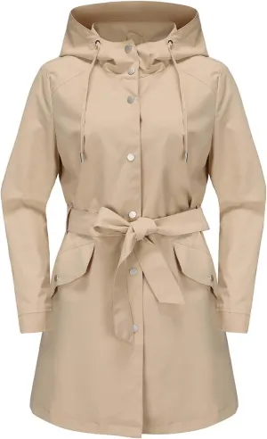 Womens Hooded Waterproof Rain Jacket Casual Long Trench Coat Classic Packable Raincoat Overcoat Windbreaker with Belt