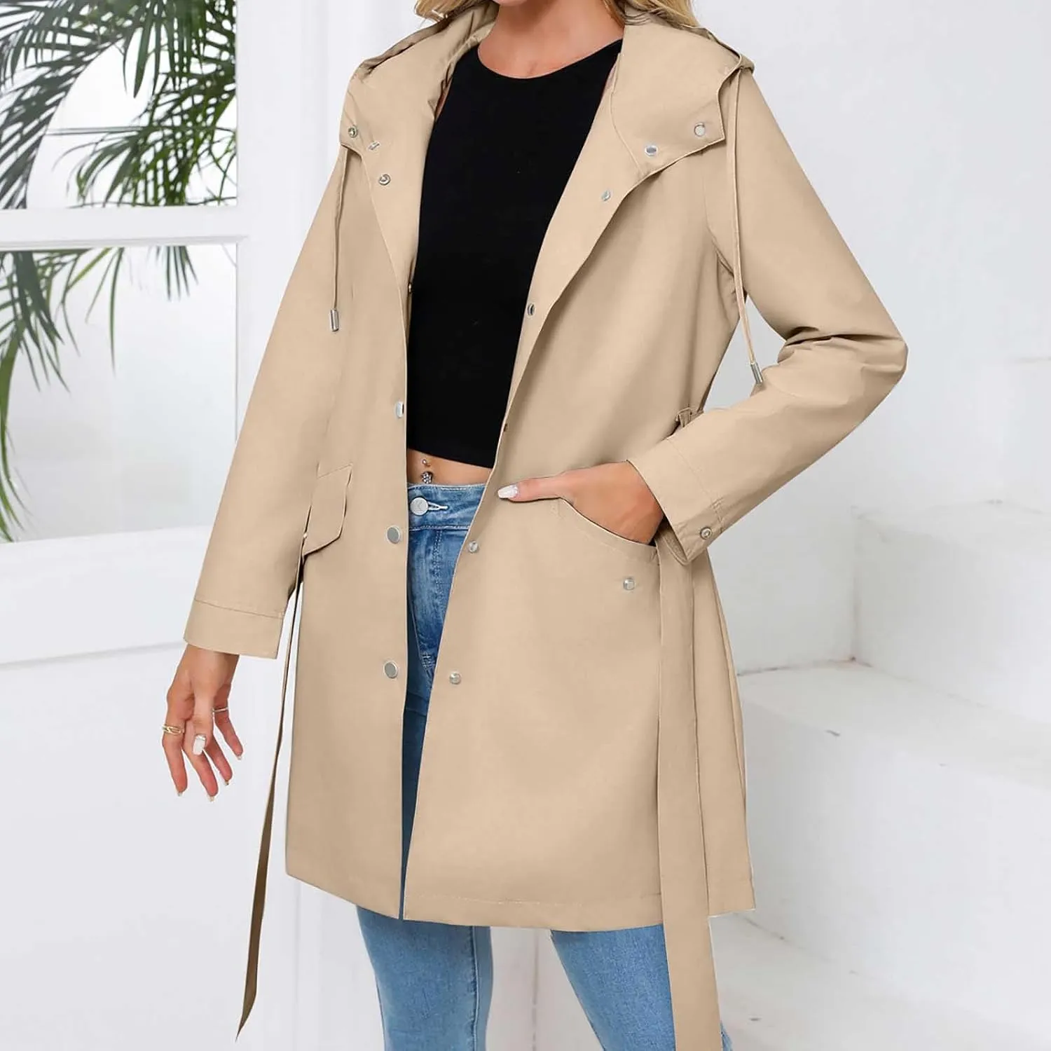 Womens Hooded Waterproof Rain Jacket Casual Long Trench Coat Classic Packable Raincoat Overcoat Windbreaker with Belt