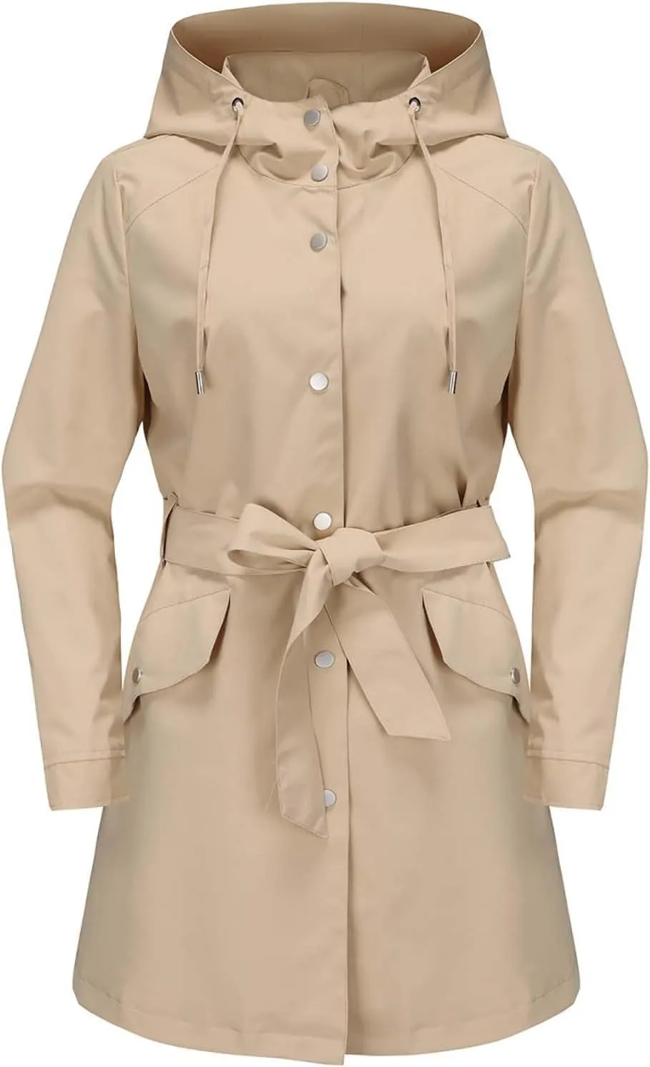 Womens Hooded Waterproof Rain Jacket Casual Long Trench Coat Classic Packable Raincoat Overcoat Windbreaker with Belt
