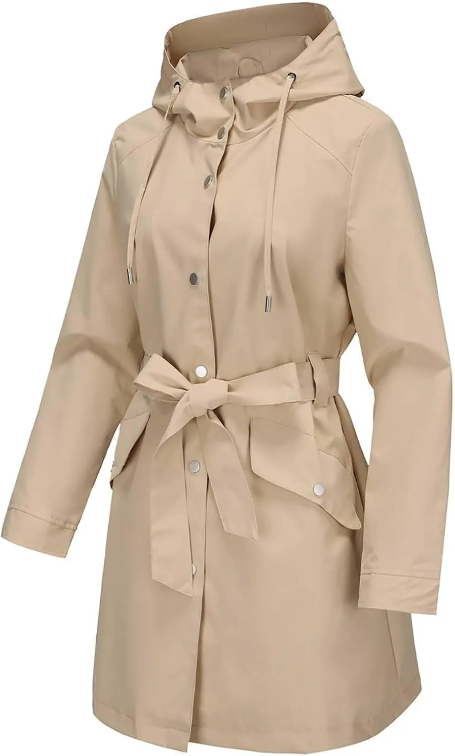 Womens Hooded Waterproof Rain Jacket Casual Long Trench Coat Classic Packable Raincoat Overcoat Windbreaker with Belt