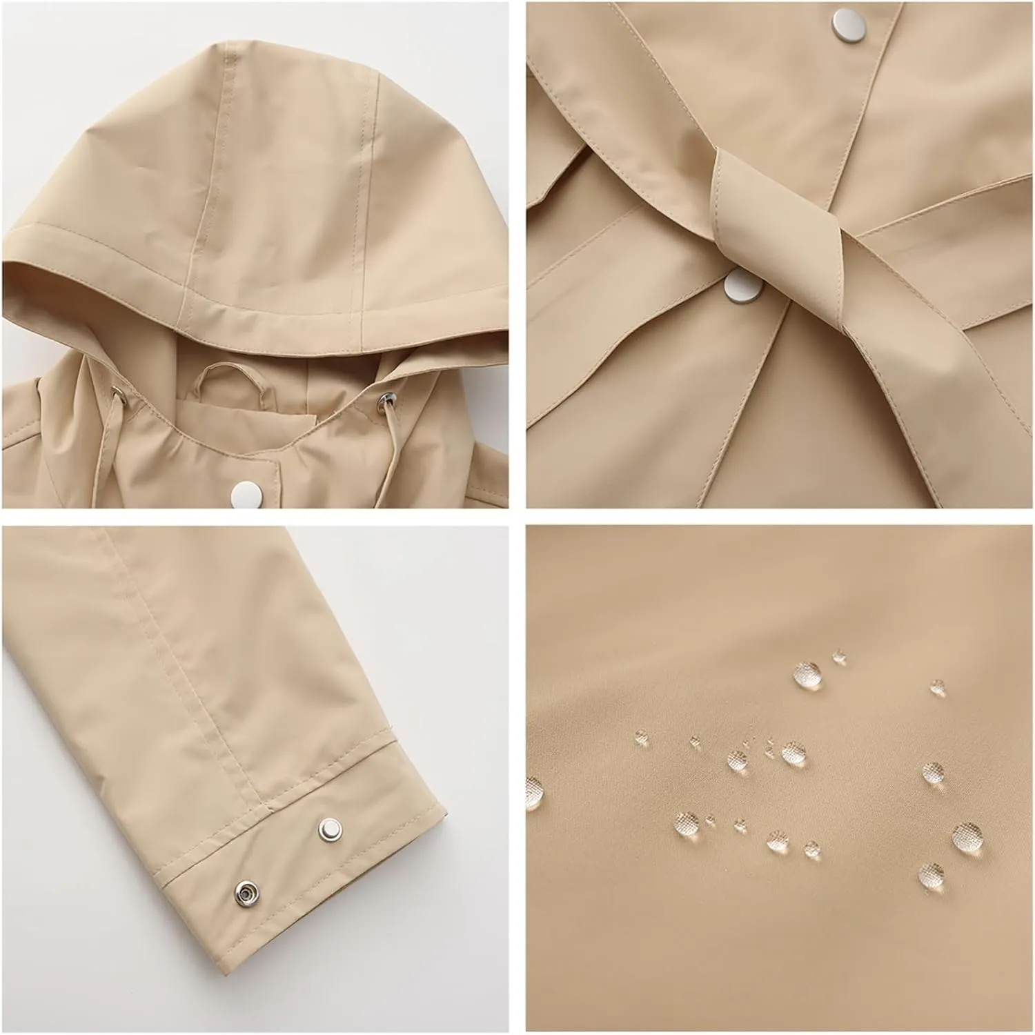 Womens Hooded Waterproof Rain Jacket Casual Long Trench Coat Classic Packable Raincoat Overcoat Windbreaker with Belt
