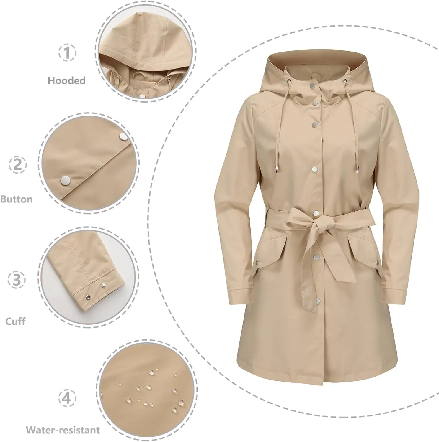 Womens Hooded Waterproof Rain Jacket Casual Long Trench Coat Classic Packable Raincoat Overcoat Windbreaker with Belt