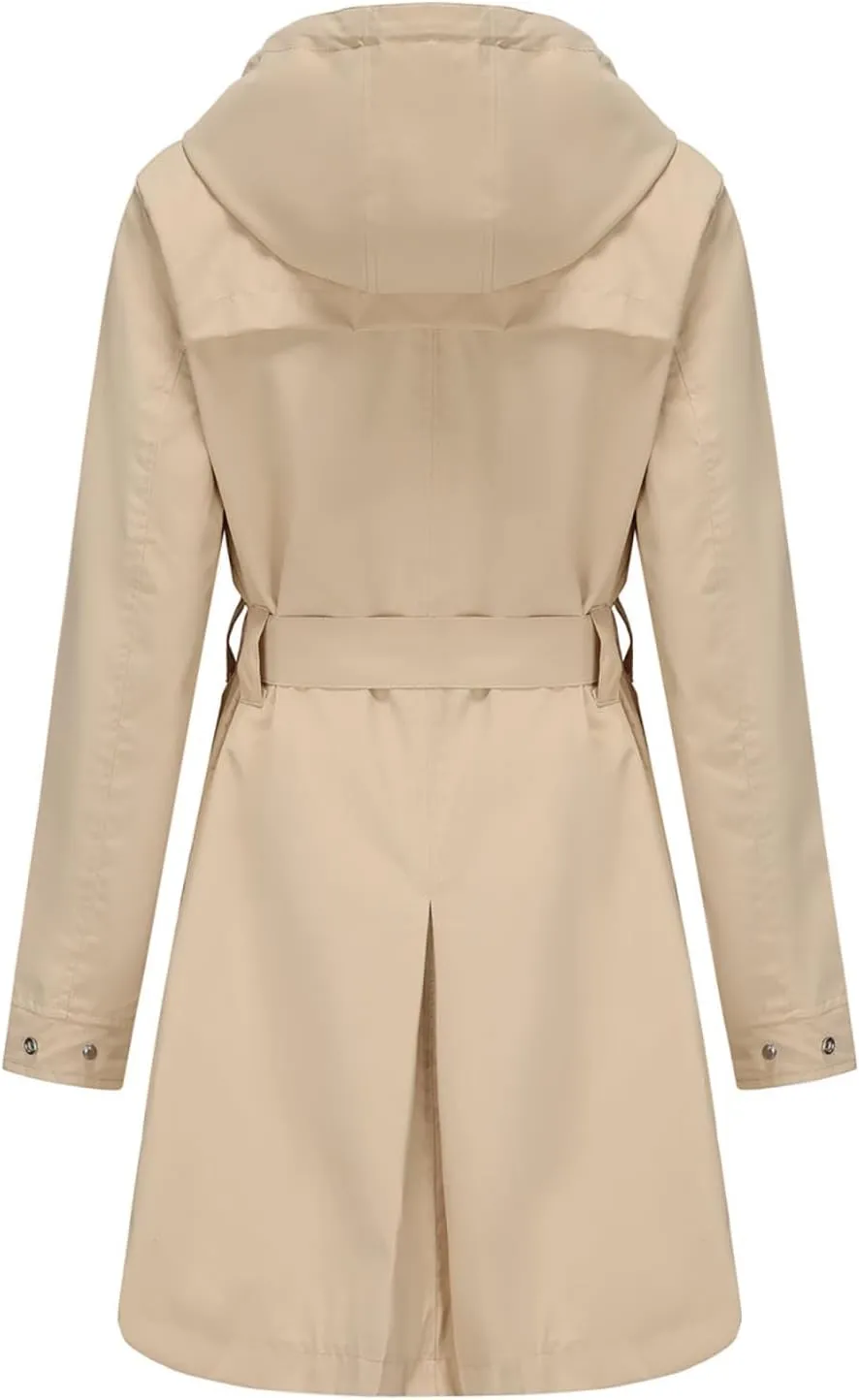 Womens Hooded Waterproof Rain Jacket Casual Long Trench Coat Classic Packable Raincoat Overcoat Windbreaker with Belt